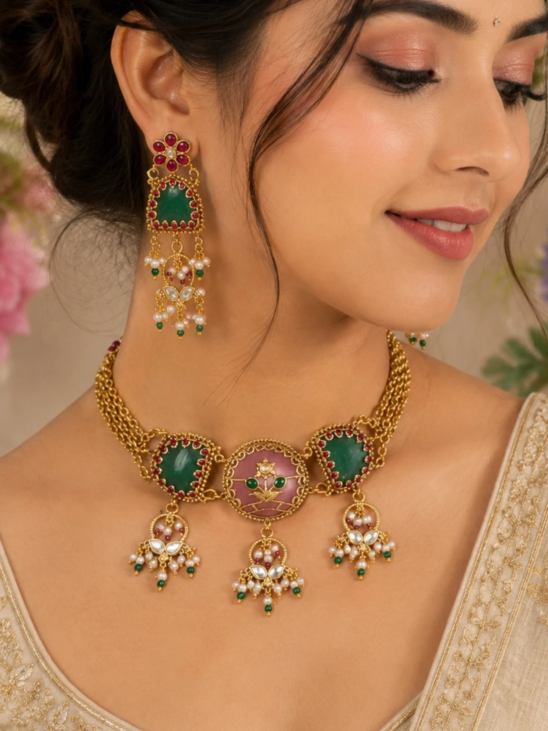 12 Floral Kundan Choker Necklace Set - Image 1