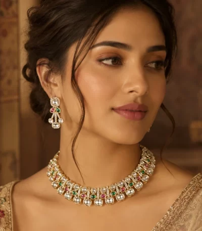 Moissanite Kundan Necklace Set in Brass | Royal Jewellery