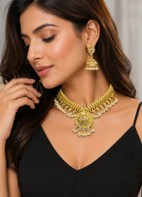 IMG_3156 Royal Heritage Pearl Kundan Choker Set - Image 1