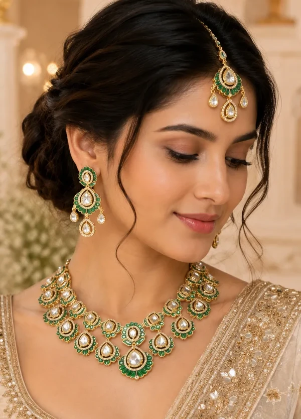image-0 Maharani Emerald Moissanite Kundan Set - Image 1